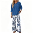 thumbnail image 4 of 2 Piece Lounge Set Women Vacation Dressy Outfits 3/4 Sleeve V Neck T Shirt & Wide Leg Pants Sets Cozy Cruise Clothes, 4 of 6