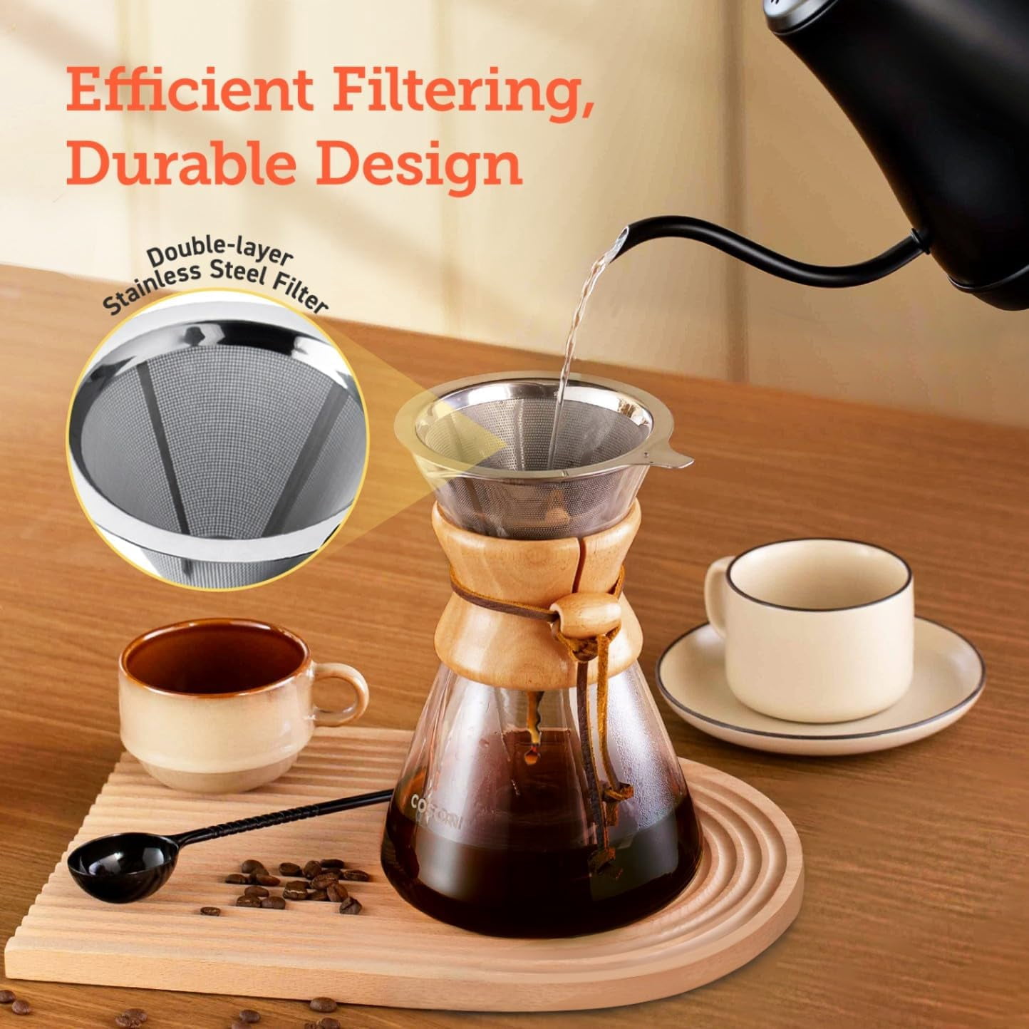 WAAYEE Pour Over Coffee Maker with Double Layer Stainless Steel Filter, 8-Cup, 34oz, Drip Coffee Maker, Coffee Dripper Brewer, High Heat Resistant Carafe, also for Camping, Hiking
