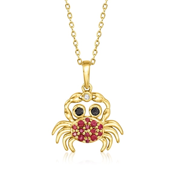 Ross-Simons 0.30 ct. t.w. Ruby and .10 ct. t.w. Black Spinel Crab Pendant Necklace With Single Diamond in 18kt Gold Over Sterling, Women's, Adult
