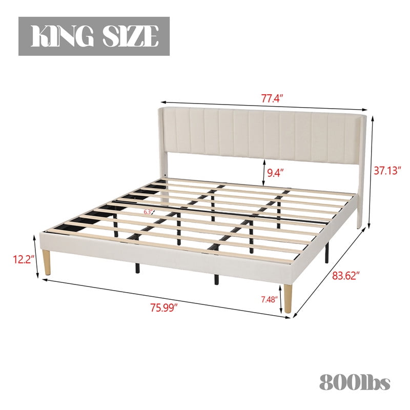 Pillfn Upholstered Platform King Size Bed Frame with Headboard Wooden Slats Support,Beige