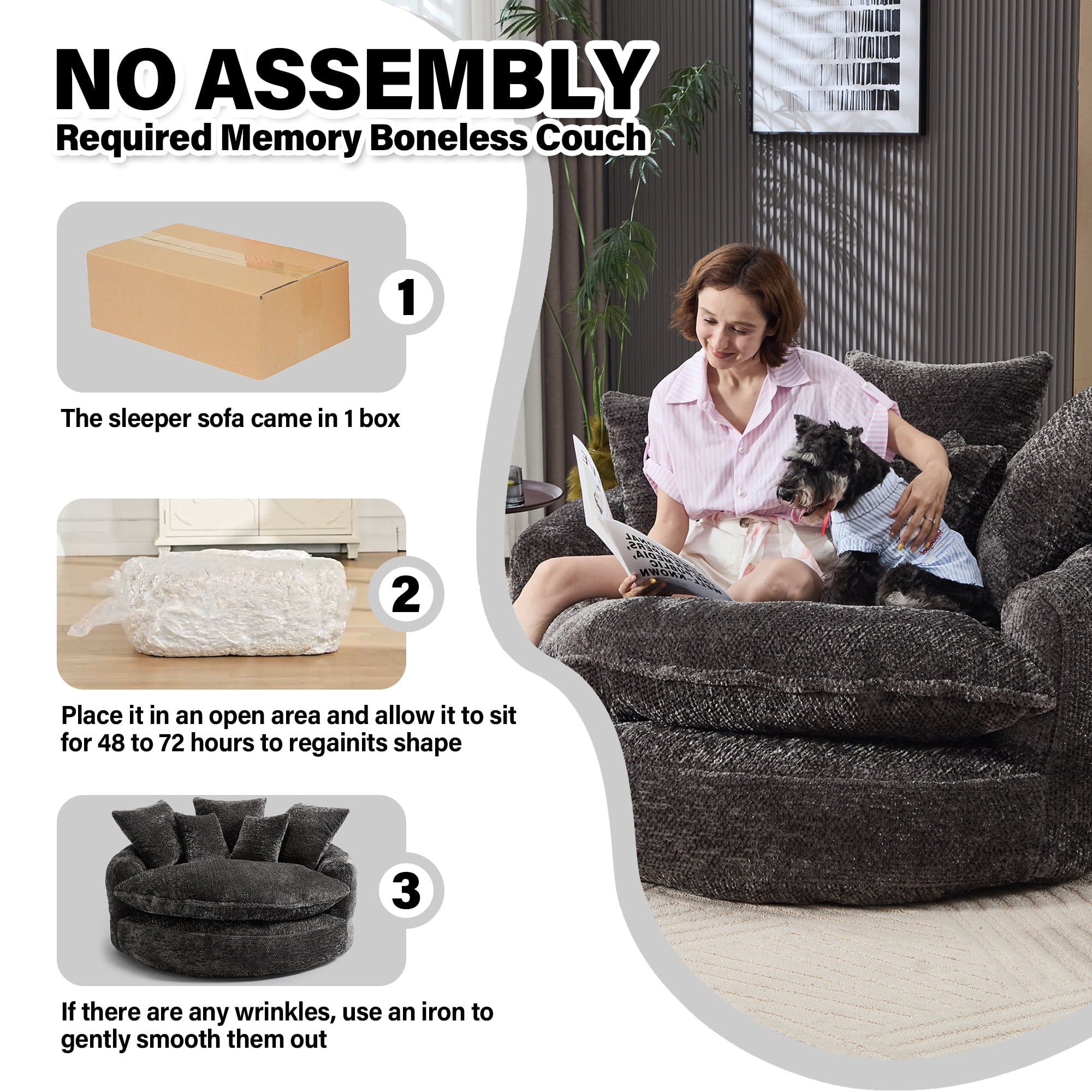 Aukfa 55" Oversized Round Chaise Lounge Chair, Fluffy Deep Seat Cloud Floor Sofa, Modern No Assembly Couch, Dark Gray