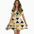 thumbnail image 2 of Abstract Gold Navy Triangle Pattern Women Dress V-Neck Short Sleeve Flowy Swing Party Midi Dress, 2 of 4