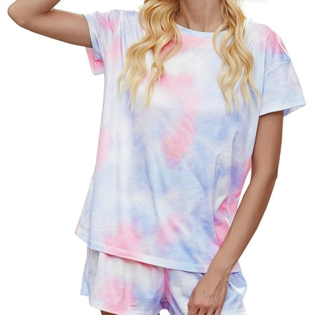 

HAWEE Womens Tie Dye Printed Pajamas Set Cotton Lounge Sets Short Sleeve Tops and Shorts 2 Piece Sleepwear Pj Sets