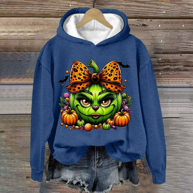 Grinch Sweatshirt Grinch Shirt Women s Halloween Green Pumpkin Face Hoodie Cozy Fleece Pullover with Cute Bow and Pumpkin Design Grinch Sweatshirt for Women Walmart