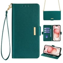 ELEHOLD for iPhone 15 Pro Max Wallet Case for Women Men with Gold Shoulder&Hand Strap Detachable Lanyard,Luxury PU Leather Kickstand Fully Shockproof Protective Case for iPhone 15 Pro Max,Green