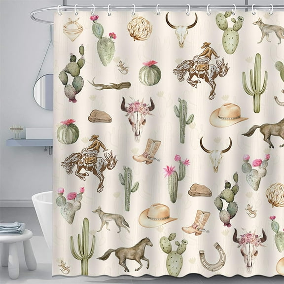 Western Shower Curtain Cowboy Bull Skull Cactus Decor Curtain for Bathroom Vintage Farmhouse Waterproof Fabric Shower Curtain with 12 Hooks 72x72 Inches