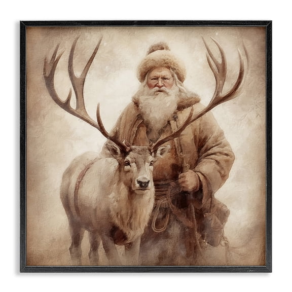 Stupell Industries Shabby Chic Traditional Santa & Reindeer Black Framed Giclee Art, 17 x 17, by Riley B