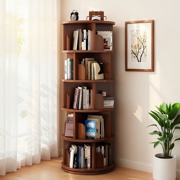 5 Tier Rotating Bookshelf, 360 Rotating Bookcase, Spinning Bookshelf Tower, Vertical Turning Round Storage Bookshelf, Wood Tall Book Shelf Organizer for Bedroom, Living Room