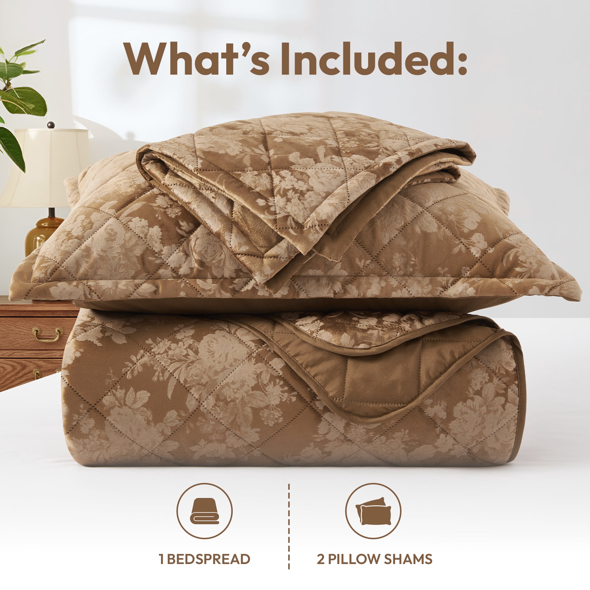 IR Imperial Rooms Velvet Bedspread Floral Pattern 3-Piece Set Ultrasonic Embossed Quilt Reversible Soft Microfiber Coverlet Queen Size Caramel