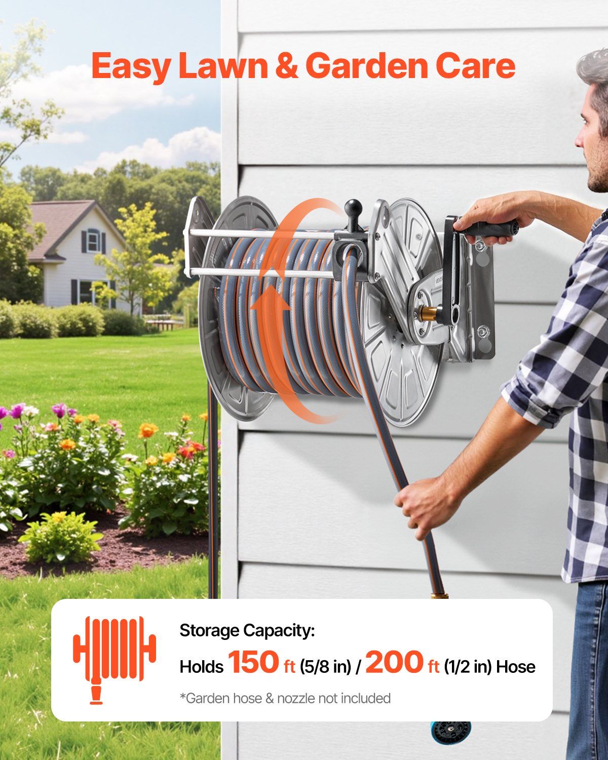 Garden Hose Reel Wall Mounted, 150ft Hose Holder, Stainless Steel Winder