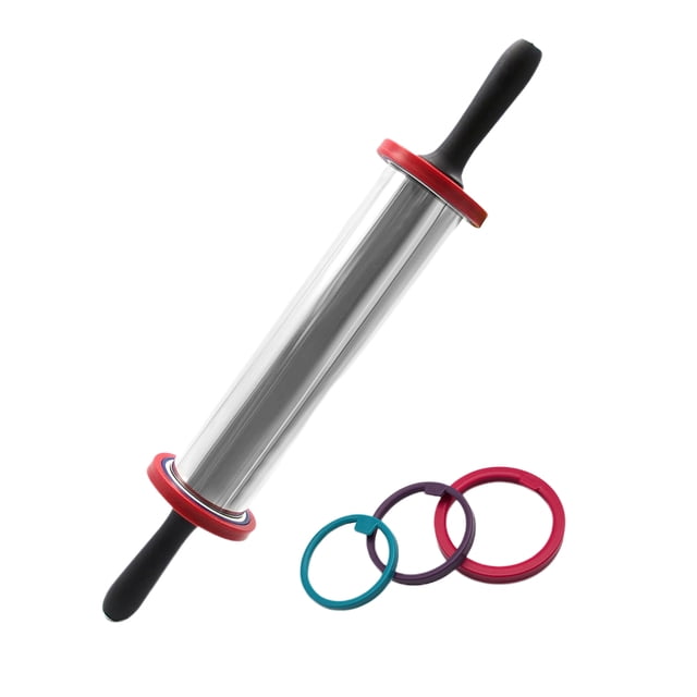 11 Inches Large Size Non-stick Rolling Pin Handle Stainless Steel Roller Adjustable Rolling Stick with Thickness Rings Kitchen Tool for Fondant Cookie Pastry Dough