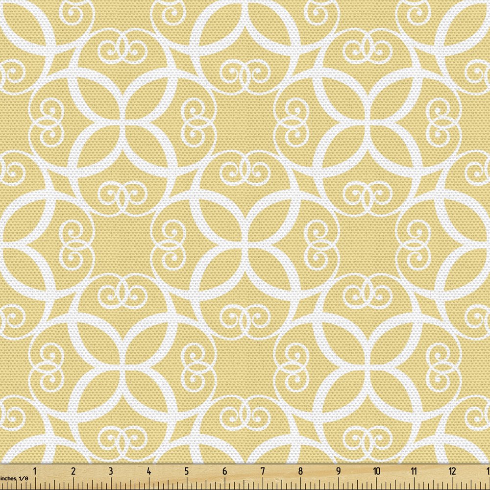Yellow and White Fabric by the Yard, Ornate Floral Pattern with Swirls Curls Symmetrical Overlap