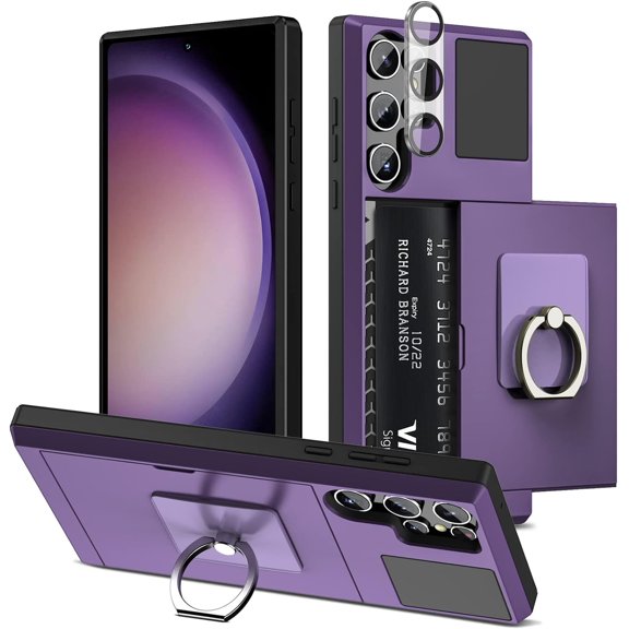 for Samsung Galaxy S23 Ultra Case Wallet Credit Card Holder with Transparent Ring Stand Kickstand,Camera Lens Protector Hidden Pocket Anti-Scratch Dual Layer Slim Protective Cover GreyPurple
