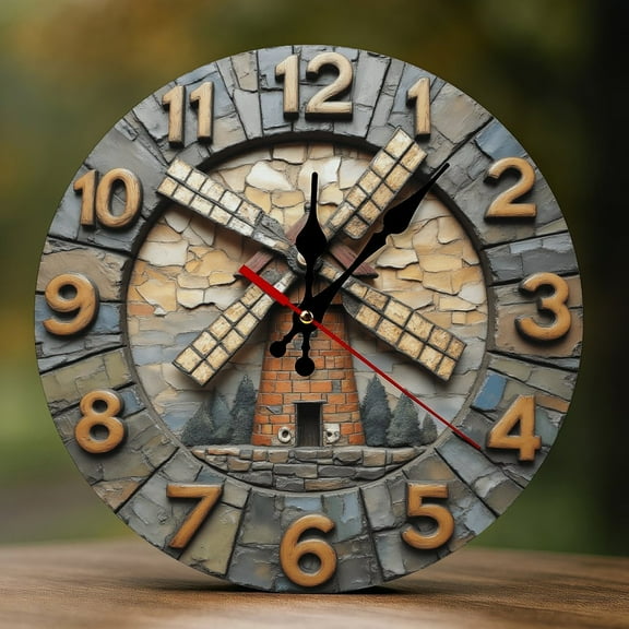 Wall Clock Decorative - Windmill Vintage Print 2D Vintage Wall Clocks Battery Operated Silent Non-Ticking for Bedroom, Living Room, Kitchen, Office, Classroom, 10 Inch
