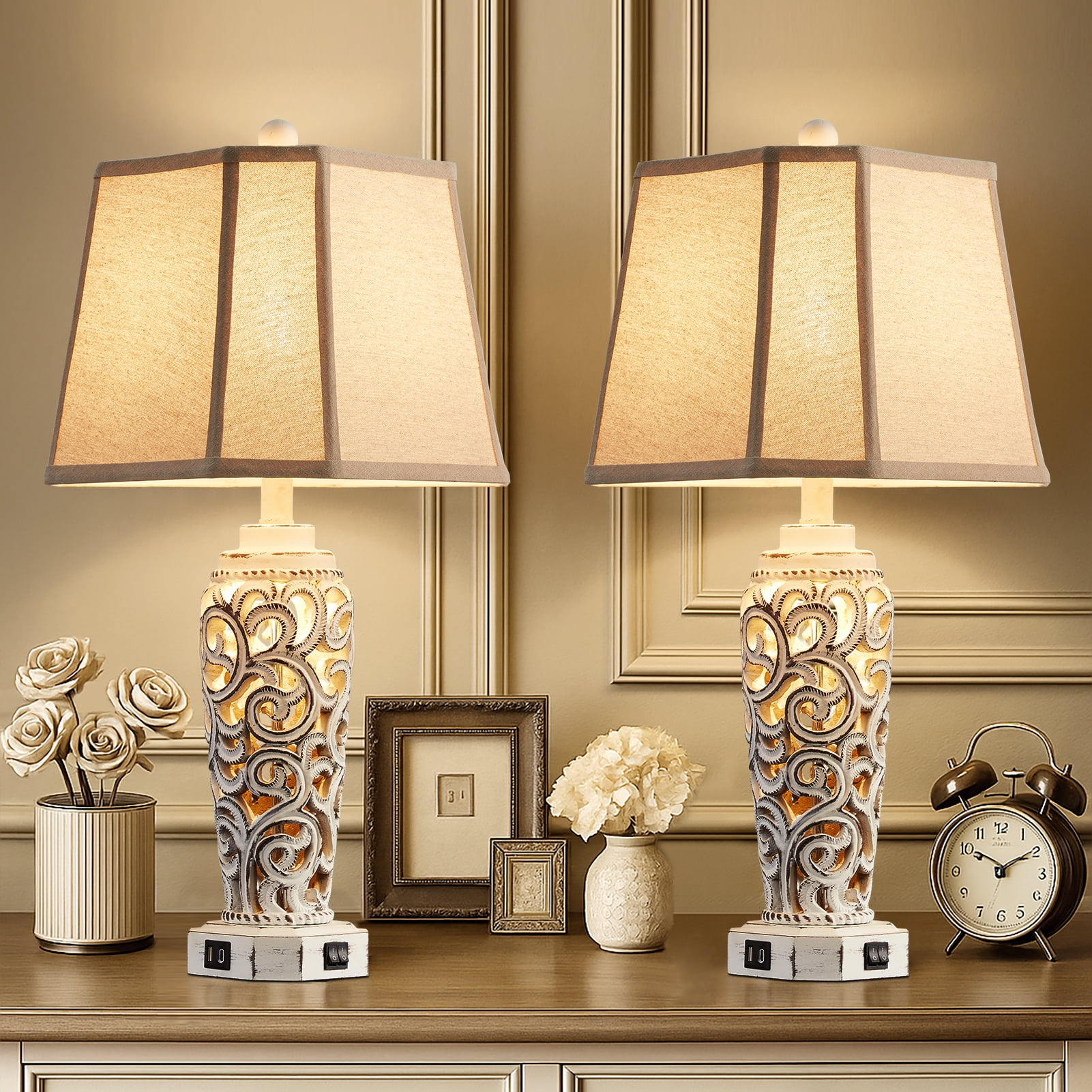 JUJUYUYOP 27" White Rustic Farmhouse Style Living Room Table Lamps Set of 2, Dual USB Charging Ports Ideal for Nightstands (Bulbs Included)
