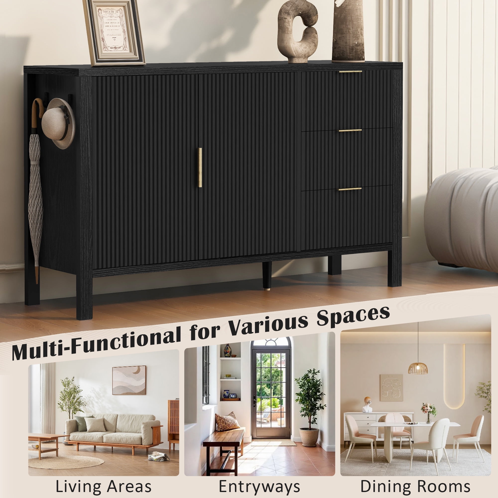 Modern Sideboard with 3 Drawers,Wave-Pattern Storage Buffet Cabinet with Hooks,for Kitchen Living Room,Dining Room