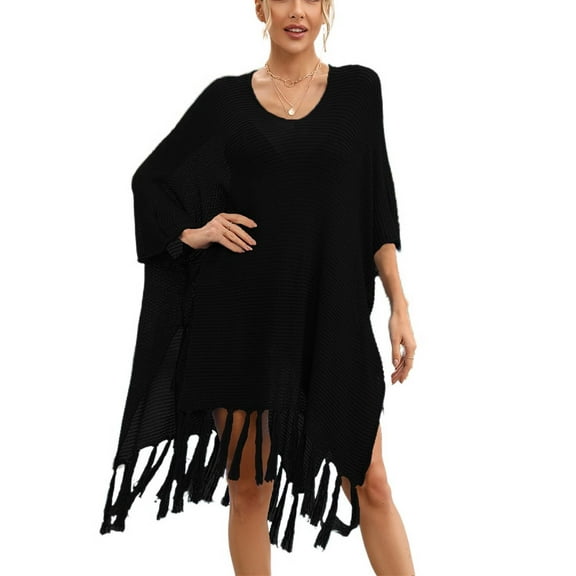 Jdlsppl Women's Beach Bikini Cover Up Quarter Sleeve Lightweight Beachwear Scoop Neck Soft Sheer Crochet Knit Loose Baggy Side Slit Knee Length Fringe Swimwear Coverup Dress Black Small-X-Large