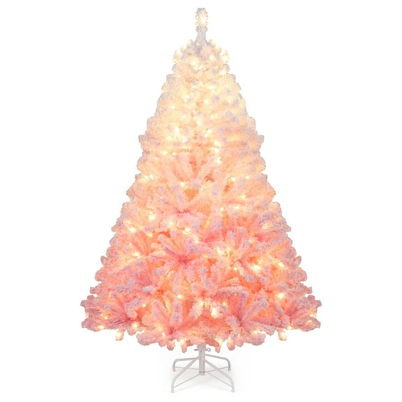 Costway 6 FT Artificial Christmas Tree with 250 Warm White LED Lights, 8 Lighting Modes & Folding Metal Stand White & Pink