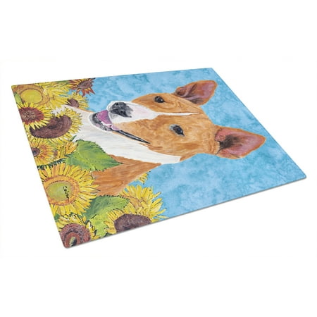 

Carolines Treasures SC9054LCB Basenji in Summer Flowers Glass Cutting Board Large 12H x 16W multicolor