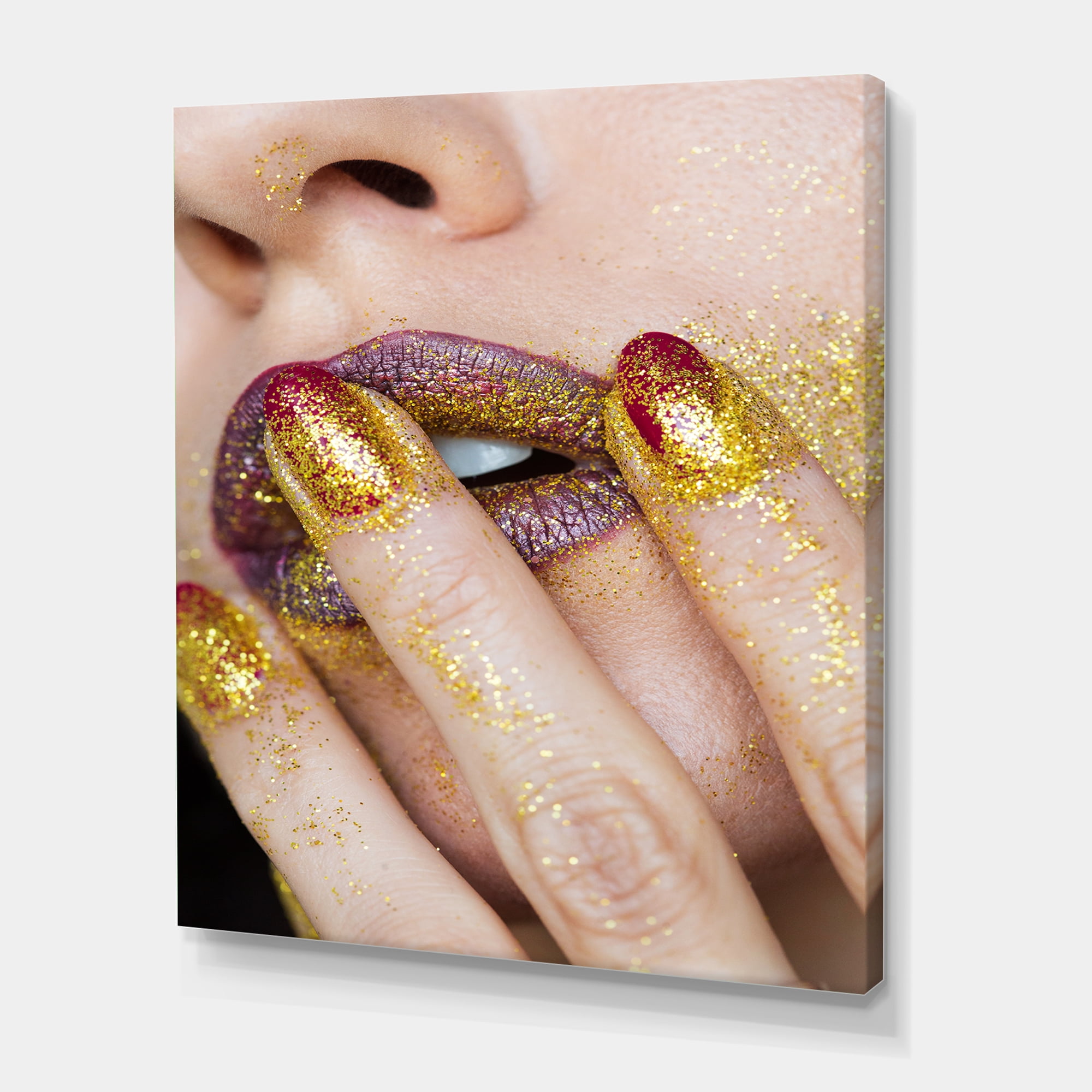 Designart ' Close-Up Of Woman Golden Gold Glitter Lipstick ' Modern Canvas Wall Art Print