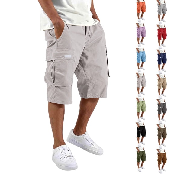 Men's Cargo Shorts Casual Cotton Drawstring Elastic Waist Lightweight Hiking Bottoms Breathable Multi-Pocket Work Pants, #01 White, M