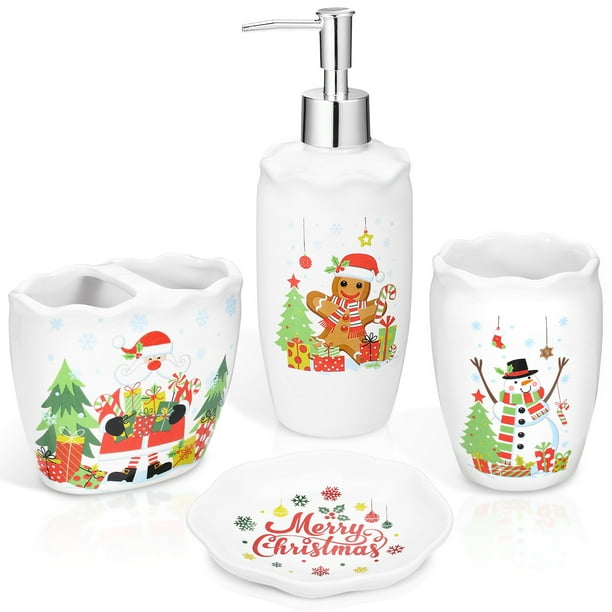 Portacepillos Dientes Juego Navideño Cerámica 4 Piezas Con Dispensador