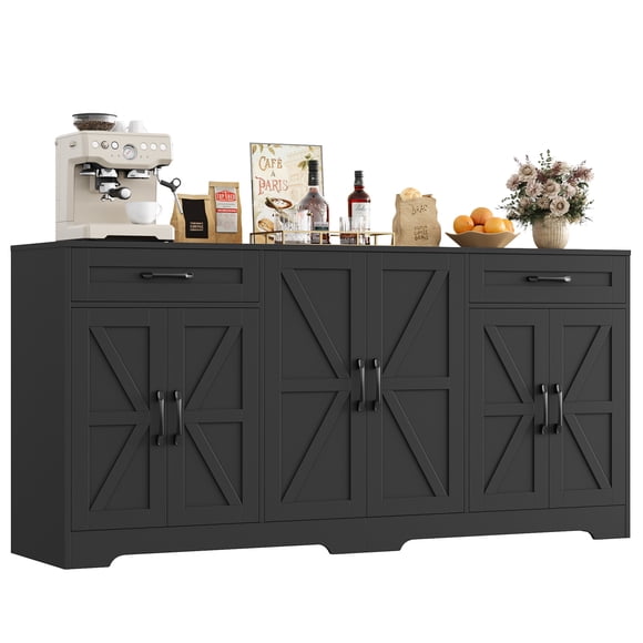 Homfa 6-Doors Farmhouse Sideboard with 2-Drawers, 70.8" W Buffet Cabinet with Adjustable Shelves for Kitchen Dining Room, Black