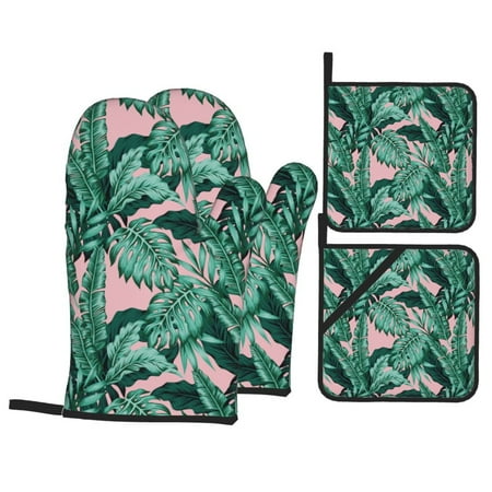 

Oven Mitts and Pot Holders Sets 4 pcs palm leaves_J Non-Slip Oven Gloves Potholders Soft Quilted Lining Heat Resistant Gloves Hot Pads for Kitchen Cooking Baking