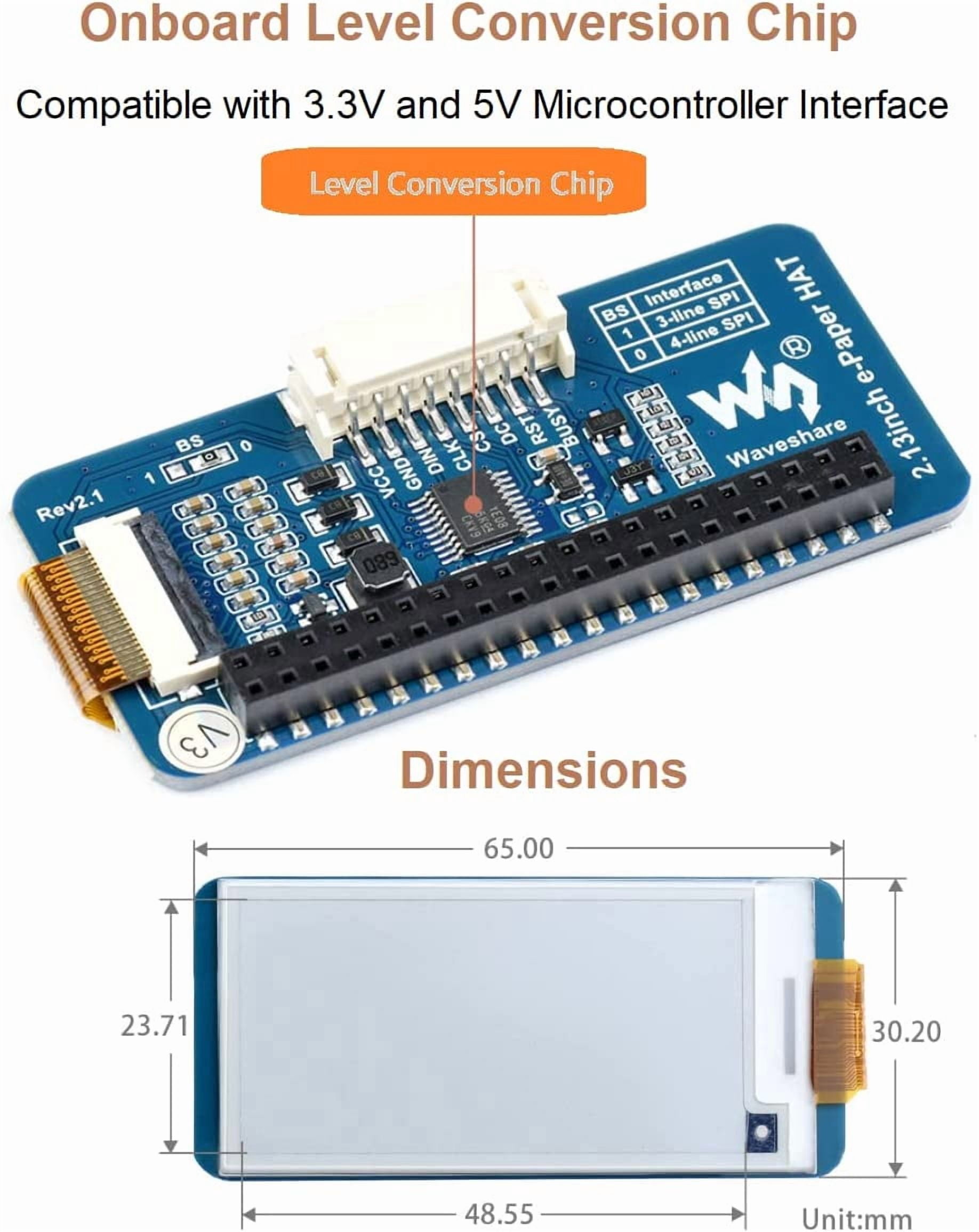2.13inch E-Ink Display HAT V4 Version, 250x122 Resolution 3.3V/5V Black White Two-Color e-paper Screen Module for Zero/Zero W/Zero WH/2B/3B/3B+/4B, Supports Partial Refresh, SPI Interface