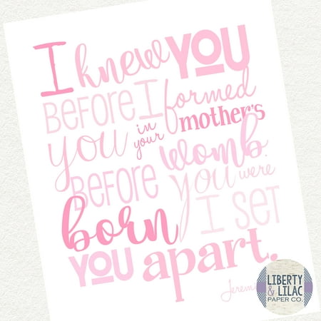 Baby Girl Nursery Art I Knew You Before I Formed You in Your Mother's Womb Christian Art Bible Verse Pink and White Baby Shower Gift Christening Gift Baptism Gift