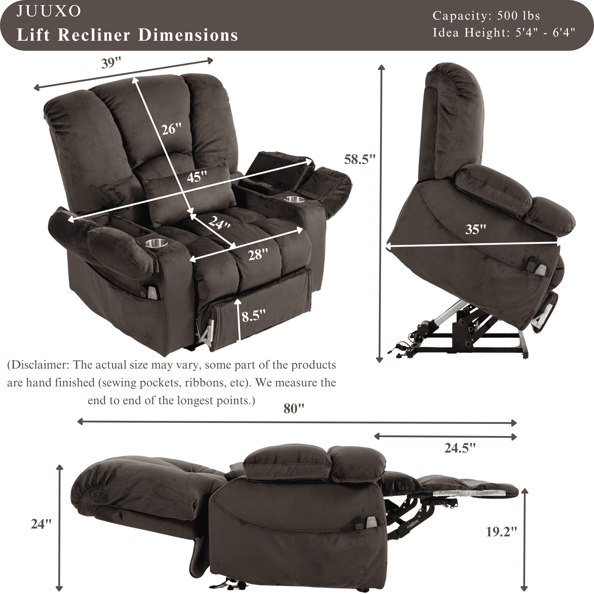Big Man 500 lbs Power Lift Recliner for Big & Tall Elderly Adults 28 Inch Wide Seat, Lay Flat Lift Recliner Chair with Extended Footrest, Heat Massage, USB Type-C, Flip Arm Storage & Cup Holders