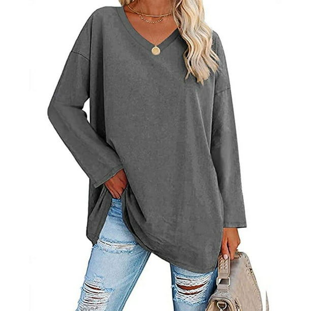 Camiseta De Manga Larga Para Mujer, Blusa Informal Suave De Color Liso Para Mujer, Hombros Caídos De Gran Tamaño, Cómoda Y Elegante Para Uso Diario ANGGREK Camiseta de manga larga para mujer