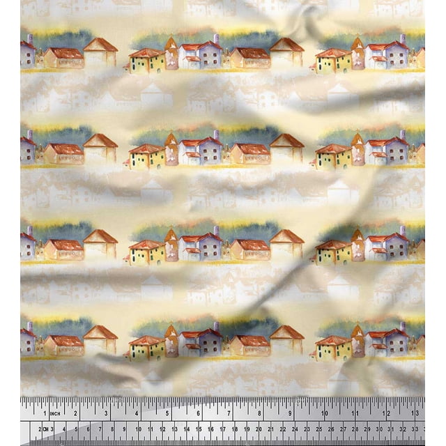 Soimoi White polyester Crepe Fabric House & Landscape Nature Print Fabric by the Yard 42 Inch Wide
