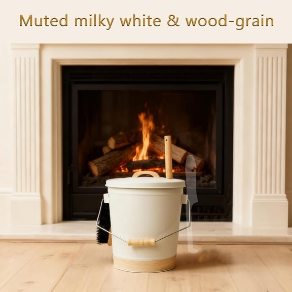 Ash Bucket with Lid and Shovel, Hand Broom and Stick, 5.2 Gallon Large Metal Ash Bucket for Fireplace Tools Set, Fire Pits, Wood Burning Stoves, Indoor and Outdoor, Camping, Grill, Cream White