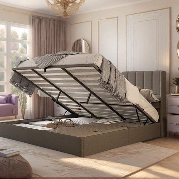VanAcc King Size Lift up Storage Bed Frame, Linen Upholstered Platform with Vertical Channel Tufted Headboard and Wingback, Dark Grey