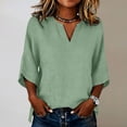 thumbnail image 2 of T Shirts For Women Green Womens Tops Fashion Linen For Casual Solid Color V Neck 3/4 Sleeve Loose Blouses Summer Tops, 2 of 5