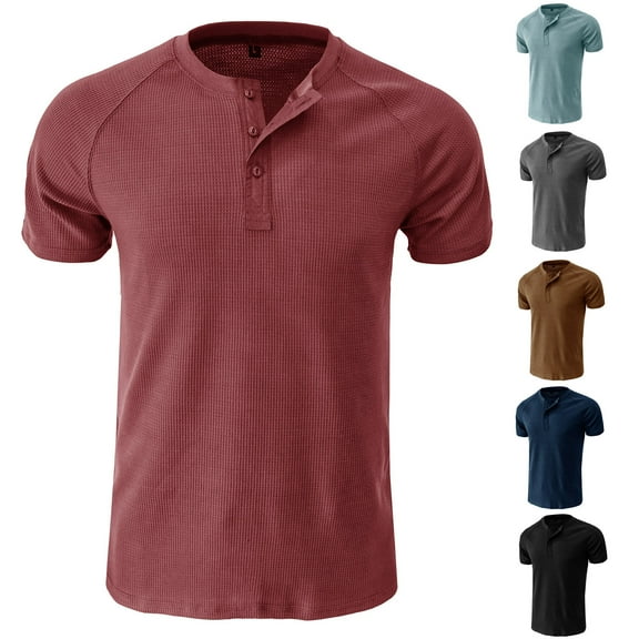 DDAPJ pyju Mens 3 Button T-shirts Comfy Waffle Henley Shirt Short Sleeve Collarless Shirts Solid Color Casual Workout Tee Tops Summer Basic T-shirt Khaki S