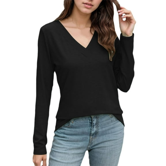Hauaitttt Womens V Neck Long Sleeve Shirts Dressy Casual Fall Tops Loose Tunic Tops Blouse Shirt Light Womens Tees Shirt Juniors Women T Shirts Summer Long Sleeve Fitted Shirt Women Plain Tees for
