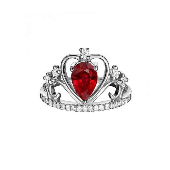 Crown 2 Carat Pear cut Ruby and Diamond Engagement Ring in 14k White Gold affordable ruby color gemstone & diamond moissanite engagement ring
