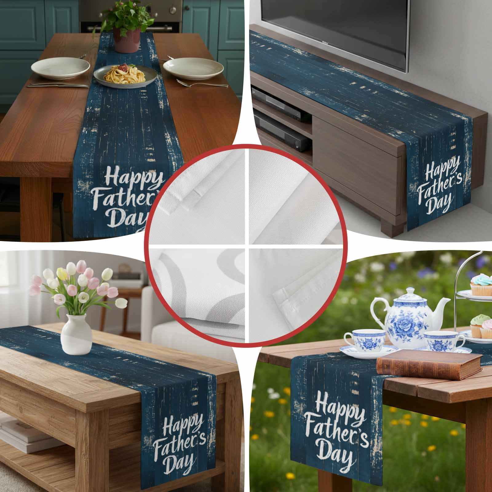 Happy Father's Day Quote Wood Table Runner 90 Inches Long, Retro Navy Blue Wooden Plank Table Runners Tabletop Scarf Kitchen Dining Tables Decoration for Home Party Indoor Outdoor