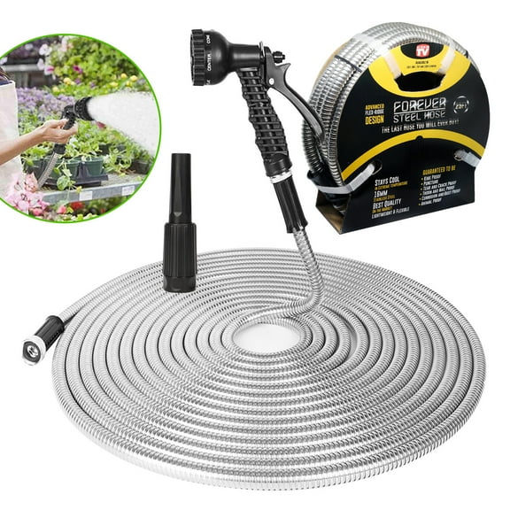 Elegant Choise Garden Hose 75ft Stainless Steel Metal Water Hose with Nozzle Sprayer, Silver