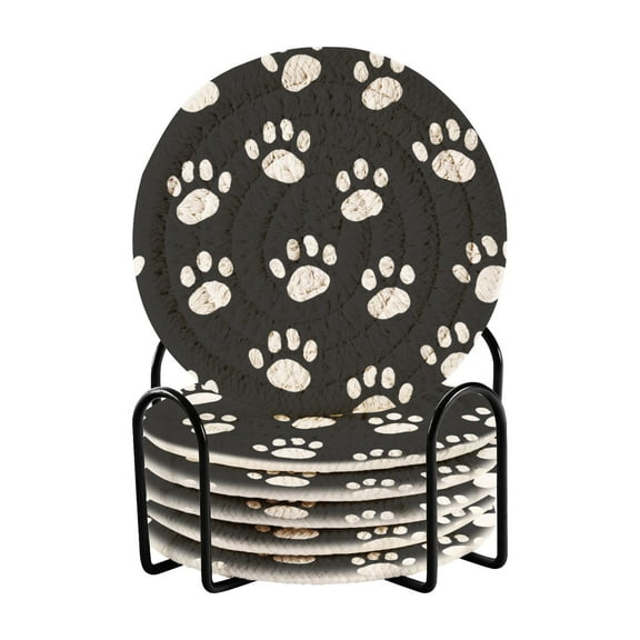 Dog Paws White 6 Pcs Drink Coasters with Holder Absorbent Coasters Woven Coasters for Drinks Table Desk Protection Home Decor