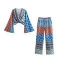 thumbnail image 5 of HH TRAF 2024 Moda Mujer Boho Estampado Manga Larga Cuello en V Pliegues Top Corto + Bolsillos Laterales Diseño Cordón Pantalones Largos Sueltos, 5 of 5
