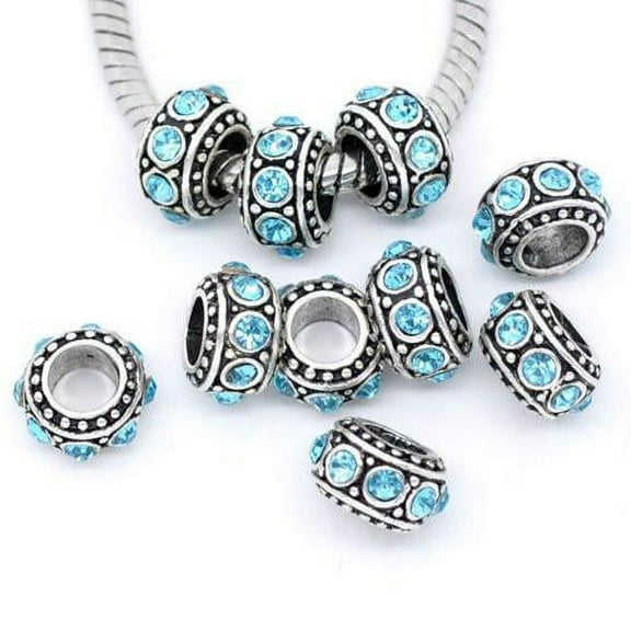 Sexy Sparkles Silver Base Metal March Birthstone Charms Spacer Bead For Snake Chain Bracelet - Zinc Metal Alloy, 5Pcs