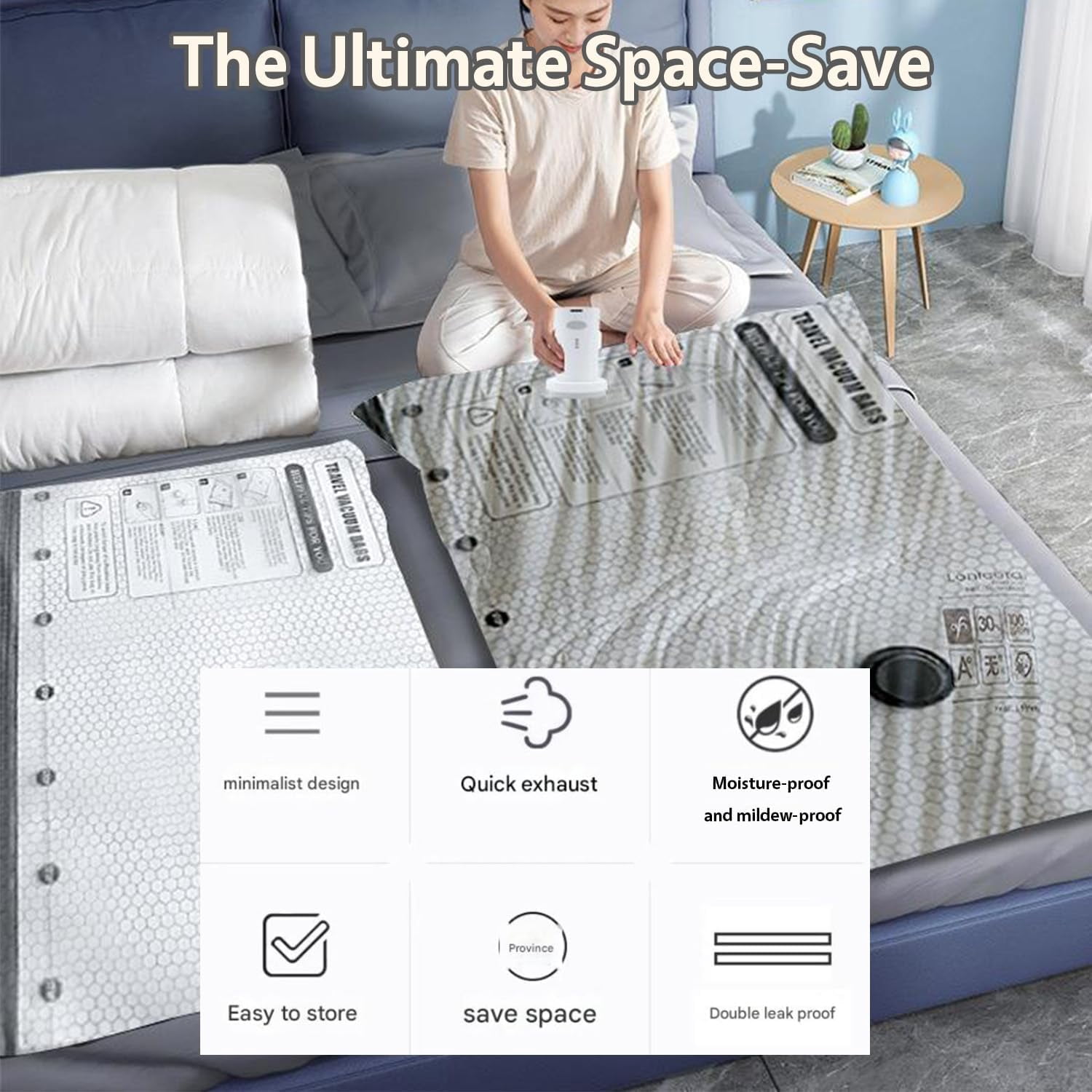 Cordless Travel Vacuum Storage Compression Bag Set, Vacuum Travel Bags with Rechargeable USB Pump, for Luggage Space Saving