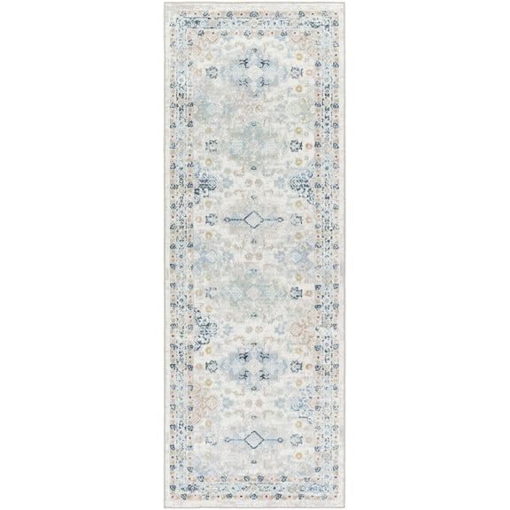 BoutiqueRugs Tana Traditional Runner Rug - Machine Washable - Ivory, Medium Gray, Teal - 2'7" x 7'3" Runner