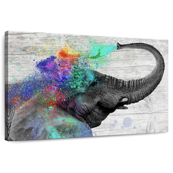 Elephant Stock Colorful Elephant Splash Wall Art - Horizontal Canvas Wall Art - Living Room Wall Decor - Animal Canvas - Gray And Turquoise Decor - 12" x 8"