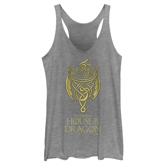 Women's Game of Thrones: House of the Dragon Gold Three-Headed Dragon Crest  Racerback Tank Top Gray Heather 2X Large