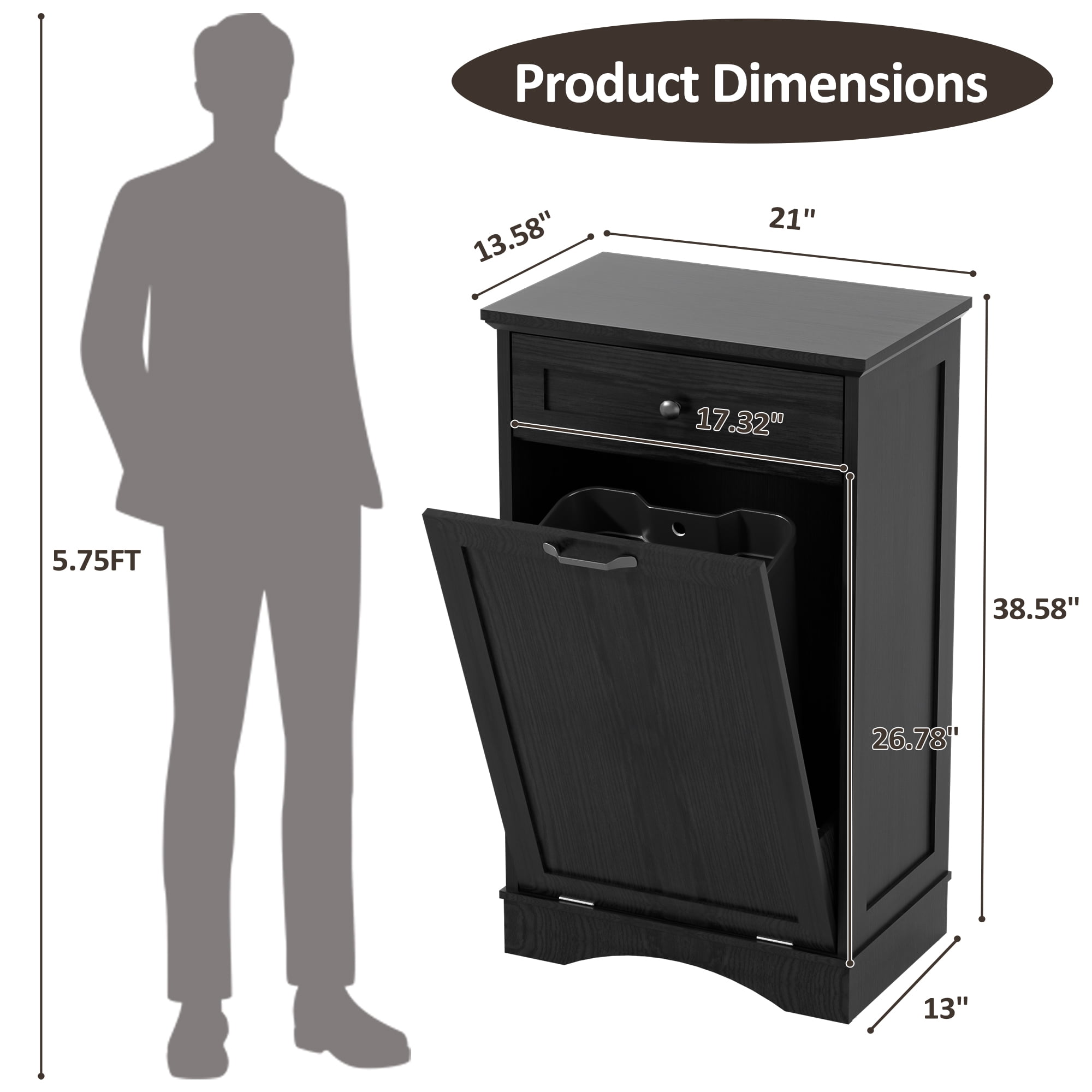 HARIPUL 13 Gallon Tilt Out Trash Cabinet for Kitchen, Single Kitchen Trash Can Cabinet with Drawers, Black