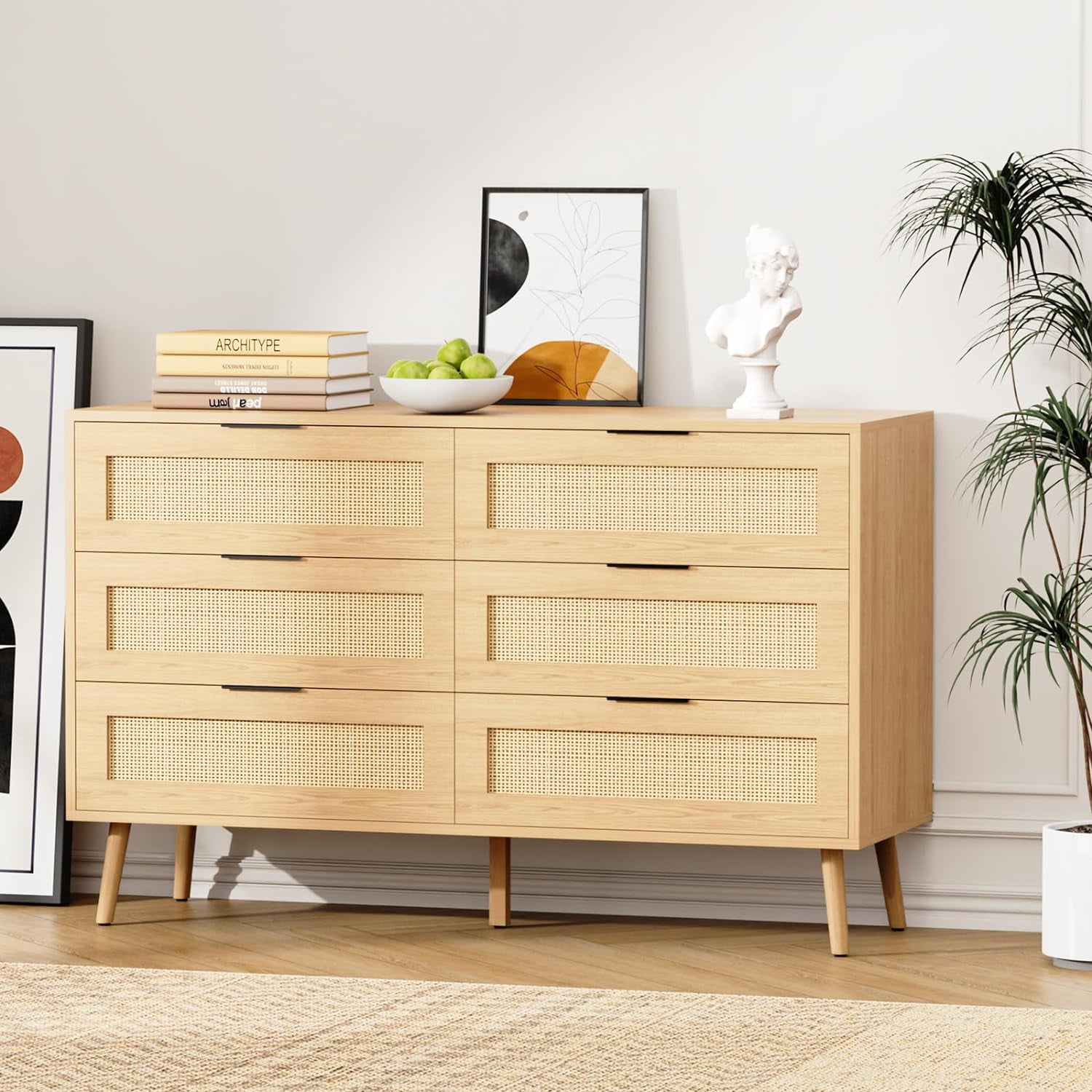 Dresser for Bedroom with 6 Drawers, Black Dresser with Golden Handles, Chest of Drawers,Modern Bedroom Furniture, Wood Dressers with Drawers for Closet Hallway, Living Room, Entryway